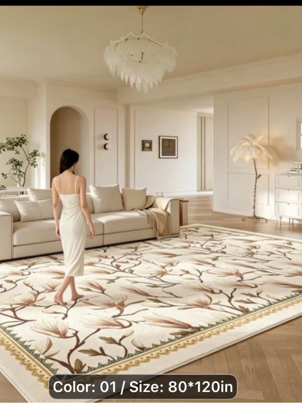 Neutral Floral Area Rug - Cream and Brown -